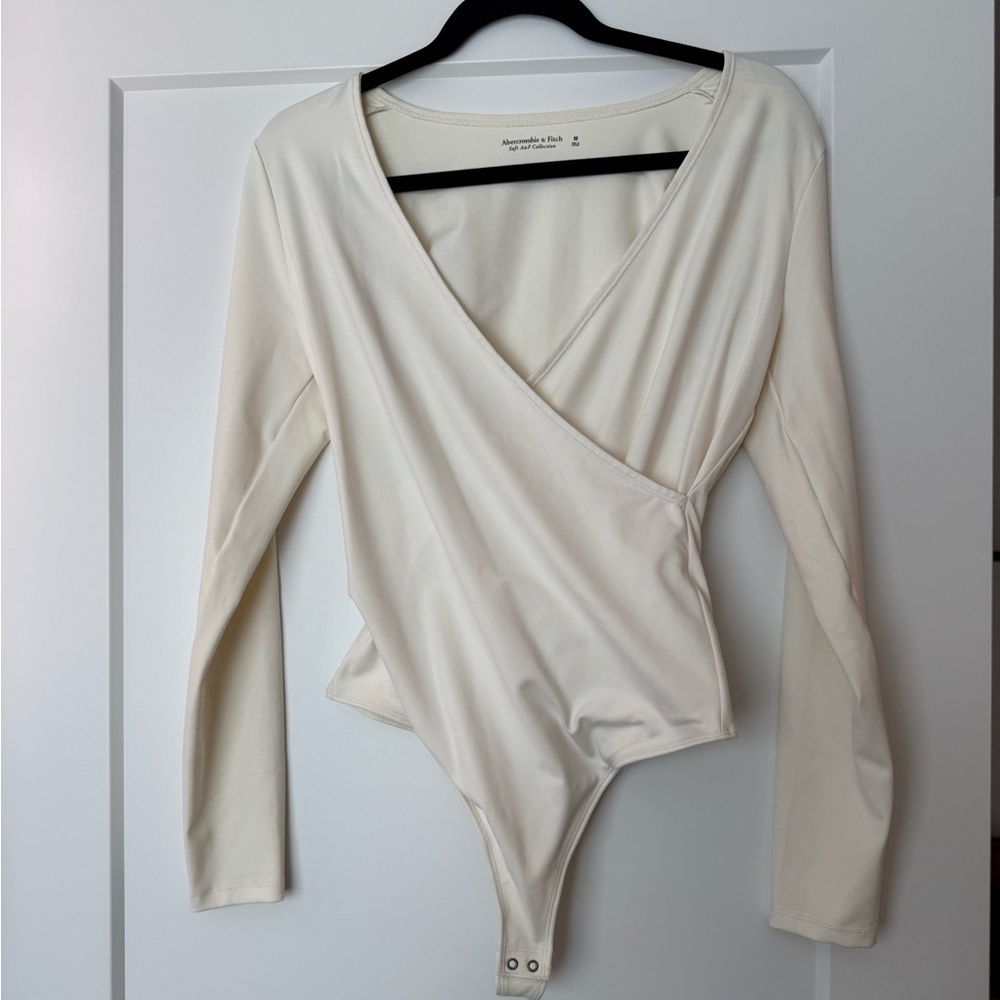 Abercrombie & Fitch Ivory Wrap-Front Long Sleeve Bodysuit